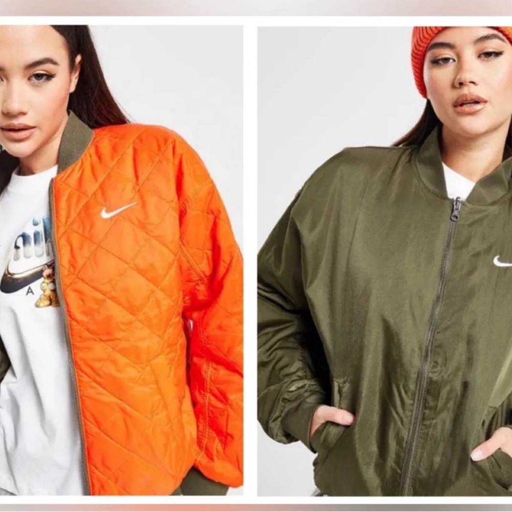 Nike Women's Big Swoosh Reversible Varsity Bomber Jacket Olive Orange 2X